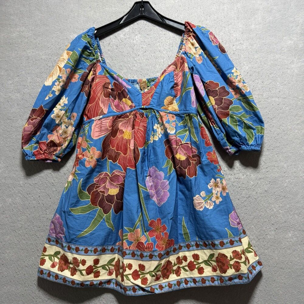 Farm Rio Mini Dress Women Medium Blue Tropical Floral Puff Sleeve Boho Vibrant